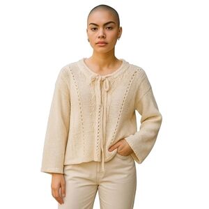 Design Lab By Lord & Taylor Off White Knitted Fringed Sweater - Size Small/Petit